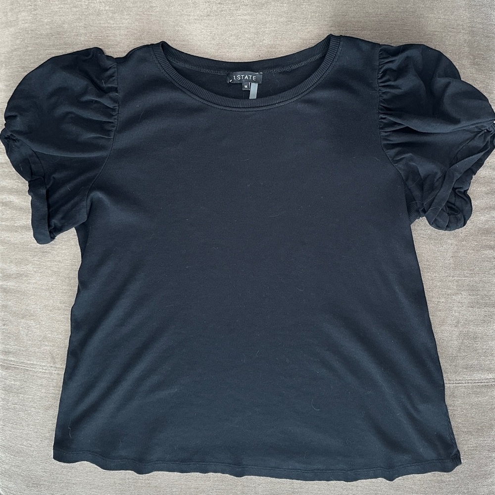 1. State Women's Elegant Black Puff Sleeve Ribbed Shirt Size 1X